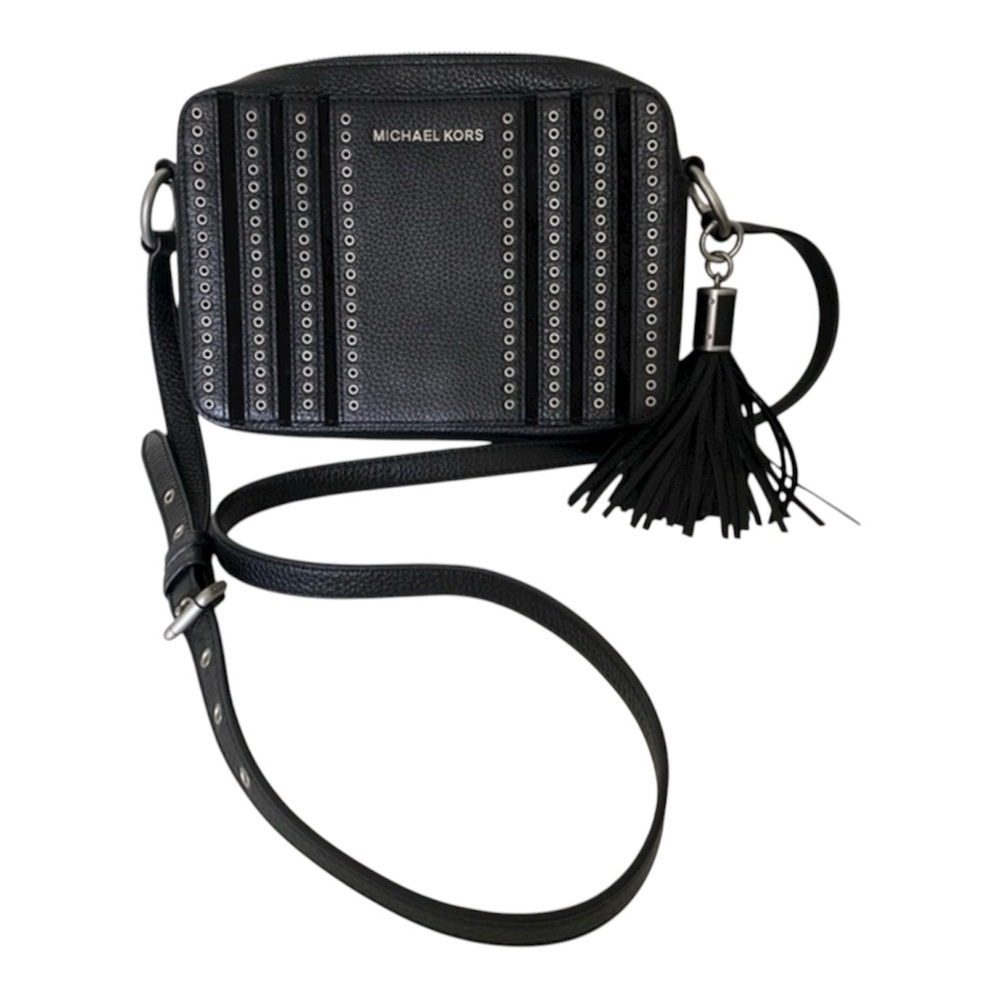 Michael Kors Black Leather Crossbody Bag Silver Studded Grommets with Tassel